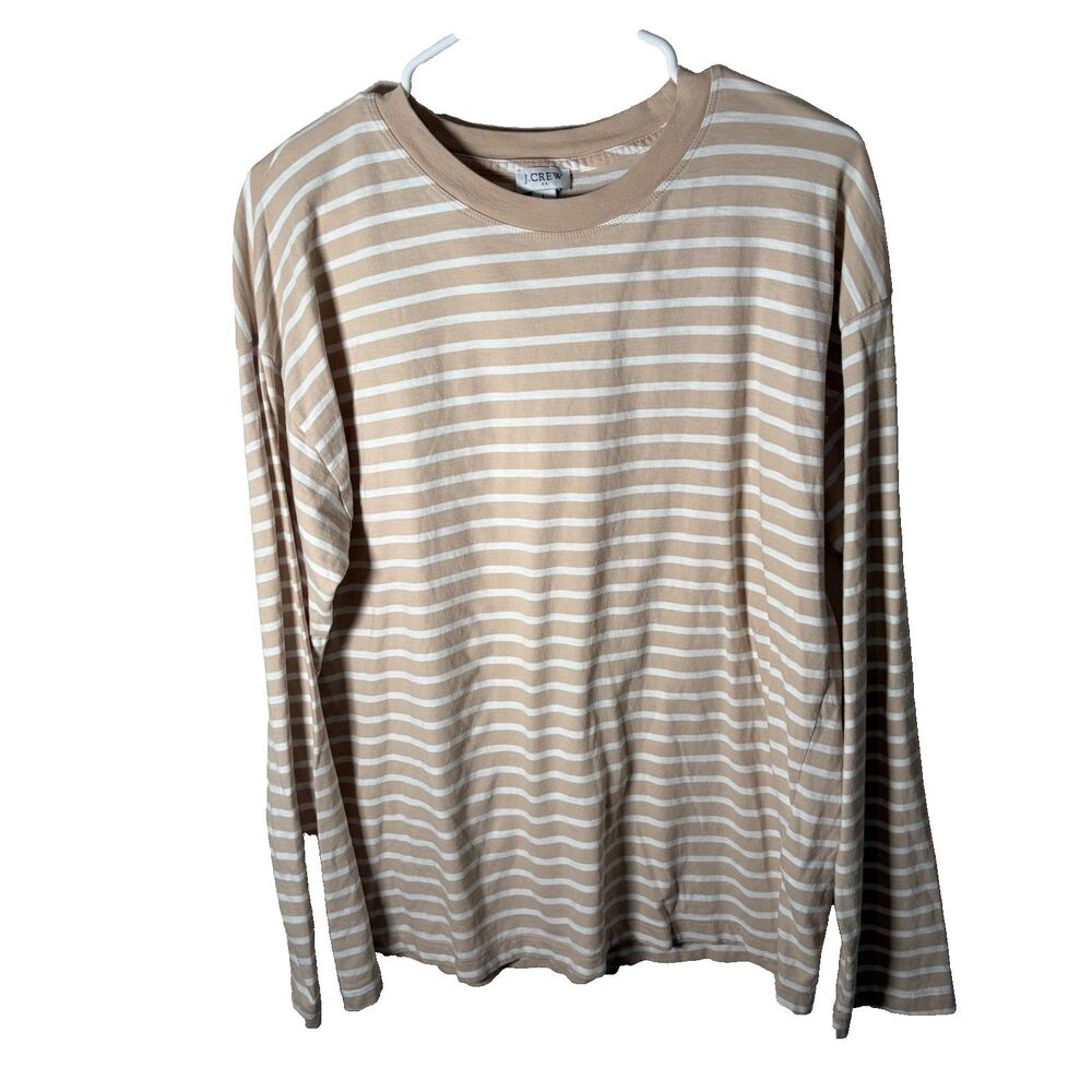 J Crew T-Shirt Women's Large Beige Striped Long Sleeve Crew Casual Top Basic